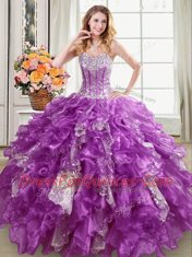 Luxury Sweetheart Sleeveless Sweet 16 Dresses Floor Length Beading and Ruffles and Sequins Purple Organza