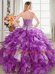 Luxury Sweetheart Sleeveless Sweet 16 Dresses Floor Length Beading and Ruffles and Sequins Purple Organza