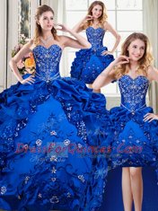 Four Piece Sleeveless Organza and Taffeta Floor Length Lace Up Sweet 16 Dresses in Royal Blue with Beading and Embroidery and Pick Ups