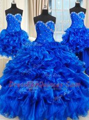 Dazzling Four Piece Sweetheart Sleeveless Quinceanera Dress Floor Length Beading and Ruffles Royal Blue Organza