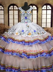 Fashion Straps White Organza and Taffeta Lace Up Vestidos de Quinceanera Sleeveless Floor Length Embroidery and Ruffled Layers