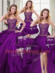 Fantastic Four Piece Sleeveless Floor Length Beading and Appliques and Pick Ups Lace Up Quinceanera Gown with Purple