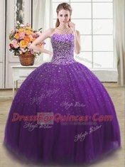 Beading Sweet 16 Quinceanera Dress Purple Lace Up Sleeveless Floor Length