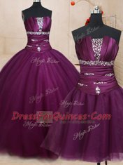 Free and Easy Three Piece Dark Purple Ball Gowns Tulle Strapless Sleeveless Beading Floor Length Lace Up 15th Birthday Dress