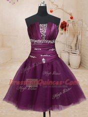Free and Easy Three Piece Dark Purple Ball Gowns Tulle Strapless Sleeveless Beading Floor Length Lace Up 15th Birthday Dress