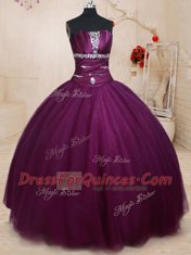 Free and Easy Three Piece Dark Purple Ball Gowns Tulle Strapless Sleeveless Beading Floor Length Lace Up 15th Birthday Dress