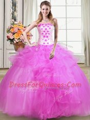 New Arrival Fuchsia Ball Gowns Beading and Appliques and Embroidery Quinceanera Gowns Lace Up Tulle Sleeveless Floor Length