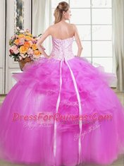 New Arrival Fuchsia Ball Gowns Beading and Appliques and Embroidery Quinceanera Gowns Lace Up Tulle Sleeveless Floor Length