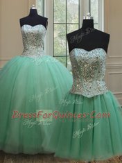 Fabulous Three Piece Apple Green Ball Gowns Tulle Sweetheart Sleeveless Beading Floor Length Lace Up Quinceanera Dress