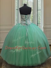 Fabulous Three Piece Apple Green Ball Gowns Tulle Sweetheart Sleeveless Beading Floor Length Lace Up Quinceanera Dress