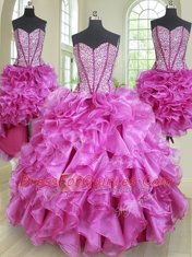 Four Piece Sleeveless Floor Length Beading and Ruffles Lace Up Quinceanera Gowns with Fuchsia