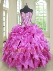Four Piece Sleeveless Floor Length Beading and Ruffles Lace Up Quinceanera Gowns with Fuchsia