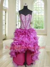 Four Piece Sleeveless Floor Length Beading and Ruffles Lace Up Quinceanera Gowns with Fuchsia