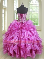Four Piece Sleeveless Floor Length Beading and Ruffles Lace Up Quinceanera Gowns with Fuchsia