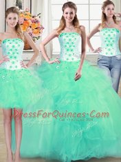 Three Piece Turquoise Strapless Lace Up Beading and Appliques and Ruffles Quinceanera Dress Sleeveless