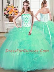Three Piece Turquoise Strapless Lace Up Beading and Appliques and Ruffles Quinceanera Dress Sleeveless