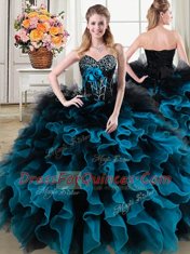 Cute Sleeveless Lace Up Floor Length Beading and Ruffles and Hand Made Flower Quince Ball Gowns