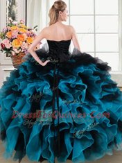 Cute Sleeveless Lace Up Floor Length Beading and Ruffles and Hand Made Flower Quince Ball Gowns