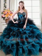 Cute Sleeveless Lace Up Floor Length Beading and Ruffles and Hand Made Flower Quince Ball Gowns