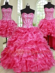 High End Four Piece Hot Pink Sweetheart Lace Up Beading and Ruffles Quinceanera Dresses Sleeveless