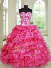High End Four Piece Hot Pink Sweetheart Lace Up Beading and Ruffles Quinceanera Dresses Sleeveless