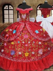 Vintage Off the Shoulder Red Organza and Taffeta Lace Up 15th Birthday Dress Sleeveless Floor Length Embroidery and Bowknot