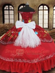 Vintage Off the Shoulder Red Organza and Taffeta Lace Up 15th Birthday Dress Sleeveless Floor Length Embroidery and Bowknot