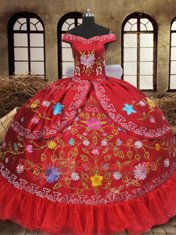 Vintage Off the Shoulder Red Organza and Taffeta Lace Up 15th Birthday Dress Sleeveless Floor Length Embroidery and Bowknot