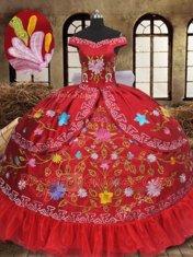 Vintage Off the Shoulder Red Organza and Taffeta Lace Up 15th Birthday Dress Sleeveless Floor Length Embroidery and Bowknot
