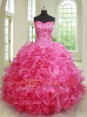 Three Piece Sleeveless Organza Floor Length Lace Up Vestidos de Quinceanera in Hot Pink with Beading and Ruffles