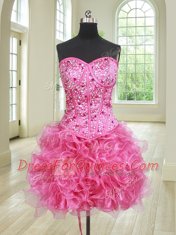 Three Piece Sleeveless Organza Floor Length Lace Up Vestidos de Quinceanera in Hot Pink with Beading and Ruffles