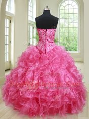 Three Piece Sleeveless Organza Floor Length Lace Up Vestidos de Quinceanera in Hot Pink with Beading and Ruffles