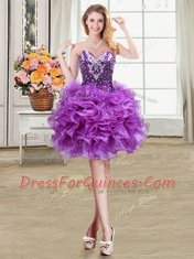 Ideal Four Piece Eggplant Purple Sweetheart Lace Up Beading and Ruffles Quince Ball Gowns Sleeveless