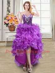 Ideal Four Piece Eggplant Purple Sweetheart Lace Up Beading and Ruffles Quince Ball Gowns Sleeveless