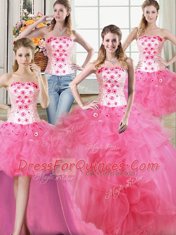Sexy Four Piece Hot Pink Strapless Lace Up Beading and Appliques and Ruffles Quinceanera Dress Sleeveless