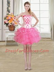 Sexy Four Piece Hot Pink Strapless Lace Up Beading and Appliques and Ruffles Quinceanera Dress Sleeveless