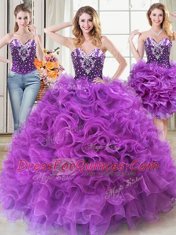 Noble Three Piece Eggplant Purple Sweetheart Lace Up Beading and Ruffles Ball Gown Prom Dress Sleeveless