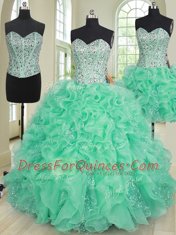 Great Three Piece Sweetheart Sleeveless Sweet 16 Quinceanera Dress Floor Length Beading and Ruffles Turquoise Organza