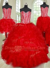 Best Four Piece Red Quinceanera Gowns Military Ball and Sweet 16 and Quinceanera and For with Beading and Ruffles Sweetheart Sleeveless Lace Up