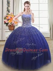 Most Popular Royal Blue Ball Gowns Sweetheart Sleeveless Tulle Floor Length Lace Up Beading Quinceanera Dresses
