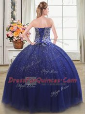 Most Popular Royal Blue Ball Gowns Sweetheart Sleeveless Tulle Floor Length Lace Up Beading Quinceanera Dresses