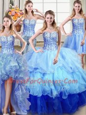 Four Piece Multi-color Sweetheart Neckline Ruffles and Sequins Quince Ball Gowns Sleeveless Lace Up