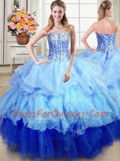 Four Piece Multi-color Sweetheart Neckline Ruffles and Sequins Quince Ball Gowns Sleeveless Lace Up