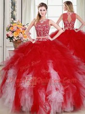Scoop White and Red Two Pieces Beading and Ruffles 15th Birthday Dress Zipper Tulle Sleeveless Floor Length