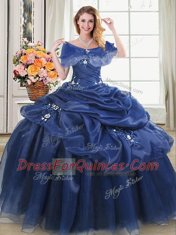 Navy Blue Sleeveless Beading and Pick Ups Floor Length Ball Gown Prom Dress