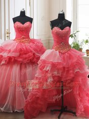 Three Piece Sleeveless Brush Train Lace Up Beading and Ruffled Layers Ball Gown Prom Dress