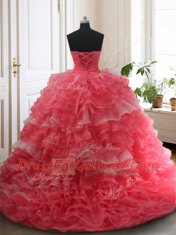 Three Piece Sleeveless Brush Train Lace Up Beading and Ruffled Layers Ball Gown Prom Dress
