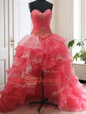 Three Piece Sleeveless Brush Train Lace Up Beading and Ruffled Layers Ball Gown Prom Dress
