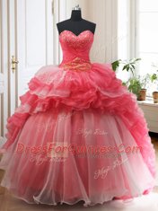Three Piece Sleeveless Brush Train Lace Up Beading and Ruffled Layers Ball Gown Prom Dress