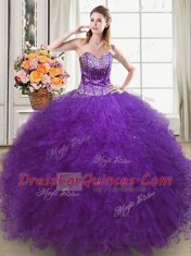 Great Beading and Ruffles Quinceanera Gowns Eggplant Purple Lace Up Sleeveless Floor Length
